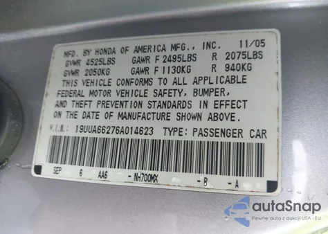 2006 Acura Tl from USA, damaged, VIN 19UUA66276A014623